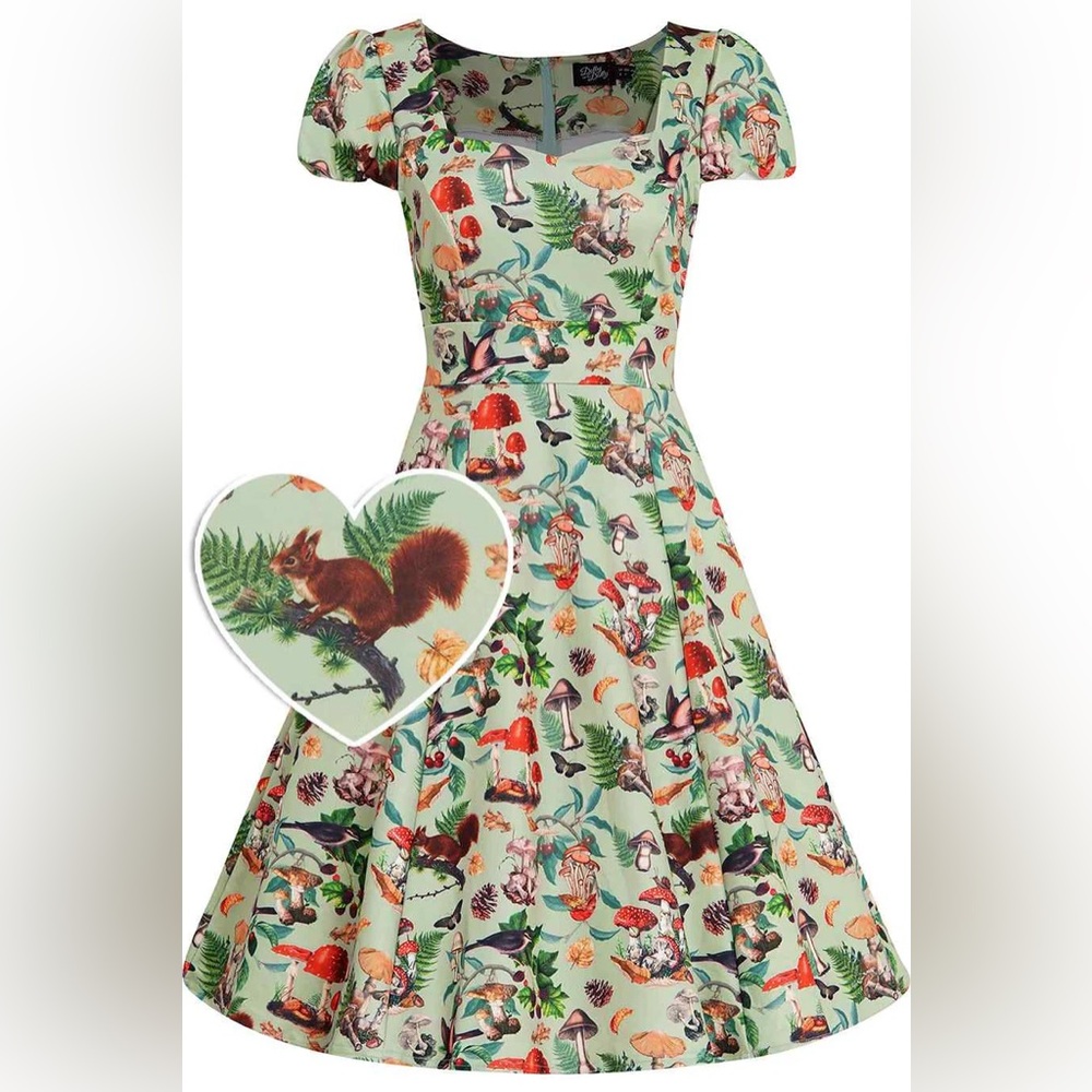 Mint Green Squirrel & Mushroom Fit-and-Flare Midi Dress